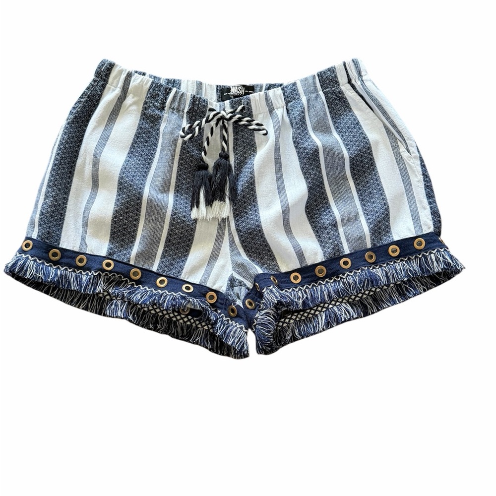 Rewash High Waist Striped Shorts with Fringe Hem
